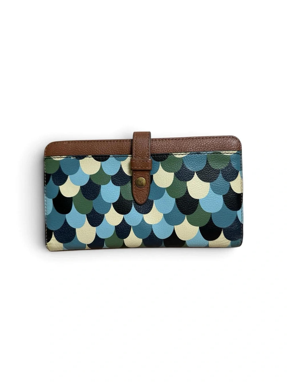 Fossil Blue & Green Scallop Fiona Clutch Multi-Function Zip Around Coin Wallet